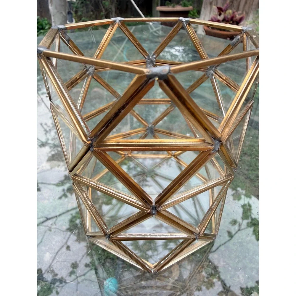 Brass Geometric Votive Holder, Faceted Glass Lantern, Modern Boho Decor